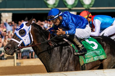 April 15, 2023: First Mission and jockey Luis Saez win the 41st Lexington Stakes (3rd Place) for trainer Brad Cox and owner Godolphin at Keeneland Racecourse in Lexington , Kentucky.