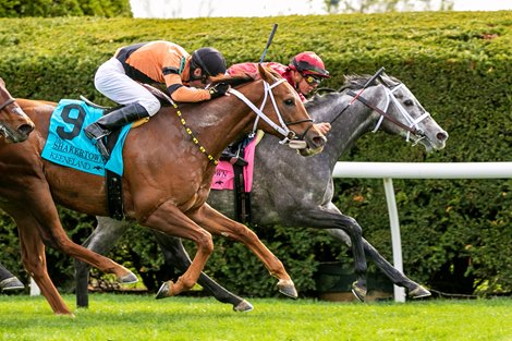 April 8 2023: Caravel and jockey Tyler Gaffalione win the Grade 2 Shakertown for trainer Brad Cox and owners Qatar Racing, Marc Detampel, and Madaket Stables at Keeneland Race Course in Lexington, Kentucky.