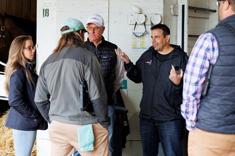 Forte owner Mike Repole, right pleads his case to Kentucky Chief Veterinarian Nick Smith not to scratch the colt after a bruise on the colt’s right foot was discovered earlier in the week, Saturday, May 06, 2023 at the Churchill Downs in Louisville.