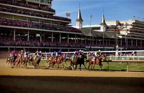 Pretty Mischievous with jockey Tyler Gaffalione wins the 149th Kentucky Oaks at Churchill Downs in Louisville, KY on May 5, 2023.</p>

<p>First turn against the Twinspires at the Downs.