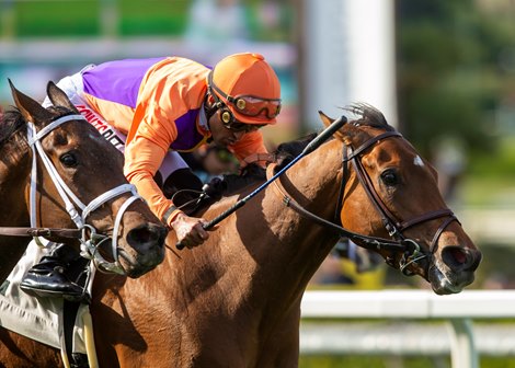 Spendthrift Farm’s Teena Ella and jockey Edwin Maldonado, right, outgame Tom&#39;s Regret (Kyle Frey), outside, to win the Grade III $100,000 Se&#241;orita Stakes Saturday, May 6, 2023 at Santa Anita Park, Arcadia, CA.<br><br />
Benoit Photo