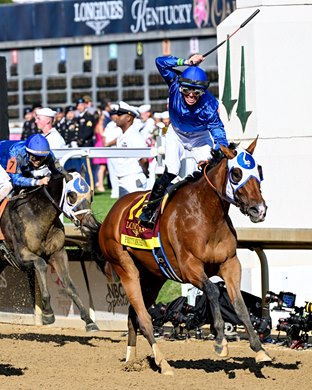 Pretty Mischievous with Tyler Gaffalione wins the Kentucky Oaks (G1) at Churchill Downs in Louisville, KY on May 5, 2023.