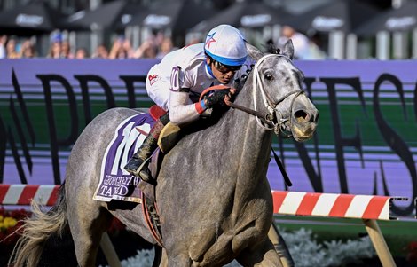 Taxed with jockey Rafael Bejarano up wins the 99th running of The George E. Mitchell Black-Eyed Susan Stakes at Pimlico Race Course  Friday May 19, 2023 in Baltimore, MD.  Photo by Skip Dickstein