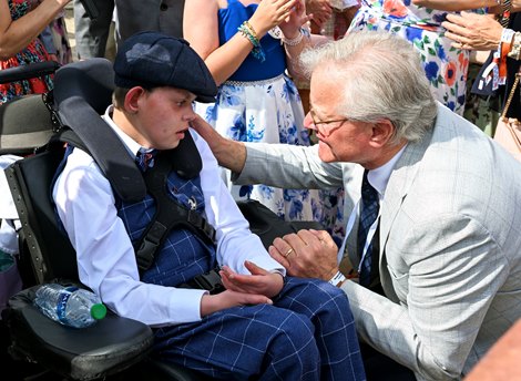 Trainer Bill Mott (L) speaks with Cody Dorman after Cody’s Wish and Junior Alvarado win the Churchill Downs Stakes (G1) at Churchill Downs in Louisville, KY on May 6, 2023.