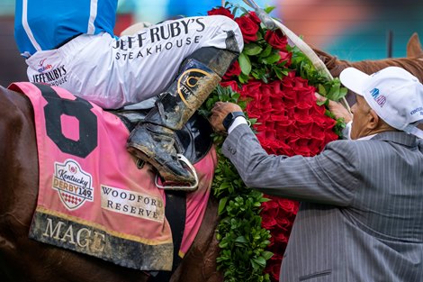 Mage and Javier Castellano win in the G1 Kentucky Derby, Churchill Downs, Louisville, KY, 5-6-23, Mathea Kelley