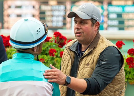 Conclude's jockey Juan Hernandez, left, is congratulated by trainer Philip D'Amato after winning the $100,000 Desert Code Stakes Sunday, May 21, 2023 at Santa Anita Park, Arcadia, CA.<br>
Benoit Photo Conclude's jockey Juan Hernandez, left, is congratulated by trainer Philip D'Amato after winning the $100,000 Desert Code Stakes Sunday, May 21, 2023 at Santa Anita Park, Arcadia, CA.<br>
Benoit Photo