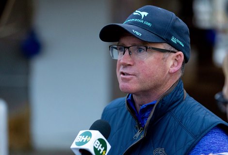 Trainer Brendan Walsh talks with media at Churchill Downs after winning the 2023 Kentucky Oaks