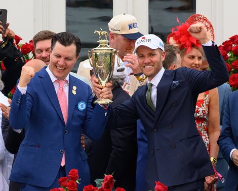 (L-R) Brian Doxtator and Chase Chamberlin with Commonwealth. Mage with Javier Castellano wins the Kentucky Derby (G1 ) at Churchill Downs, Louisville, Ky., on May 6, 2023.