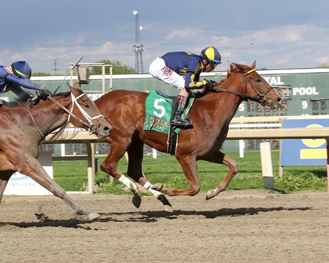 Living Magic #5 ridden by Victor Carrasco wins the second two-year-old race of the year on May 1, 2023 at Parx Racing in Bensalem, PA. Photo by Barbara Weidl/EQUI-PHOTO.