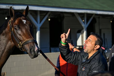 Kentucky Derby morning line favorite Forte is told by his owner Mike Repole who’s Number One in the barn area after morning works at Churchill Downs Wednesday May 3, 2023 in Louisville, KY . Photo by Skip Dickstein