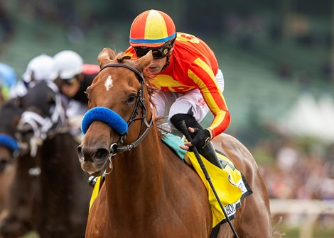 Defunded and jockey Juan Hernandez win the Grade I $400,000 Hollywood Gold Cup Monday May 29, 2023 at Santa Anita Park in Arcadia, CA.  The victory gave trainer Bob Baffert his record ninth Gold Cup win .<br><br />
Benoit Photo