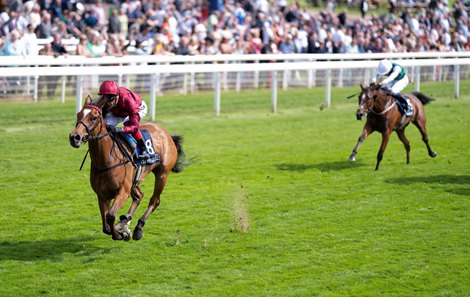 Soul Sister (Frankie Dettori) wins the Musidora Stakes<br><br />
York 17.5.23 Pic: Edward Whitaker