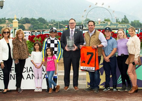 Brazilian-bred Macadamia and jockey Tiago Pereira win the Grade I, $400,000 Gamely Stakes Monday, May 29, 2023 at Santa Anita Park, Arcadia, CA.<br>
Benoit Photo