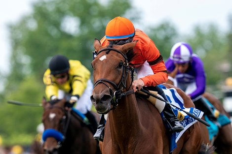 Aspray and Flavien Prat win the Hilltop Stakes, Pimlico Racecourse, Baltimore, MD, May 19, 2023, Mathea Kelley