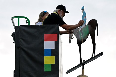 National Treasure with John R. Velazquez being painted after winning the Preakness (G1) at Pimlico in Baltimore, MD on May 20, 2023. National Treasure with John R. Velazquez being painted after winning the Preakness (G1) at Pimlico in Baltimore, MD on May 20, 2023.