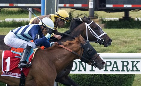 Poppy Flower with jockey Jose Ortiz wins the 10th running of The Intercontinental.at Belmont Park Friday June 9, 2023 in Elmont, N.Y.  Photo by Skip Dickstein
