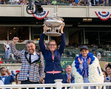 (L-R): Jon Ebbert, Jena Antonucci, and Javier Castellano. Arcangelo with Javier Castellano won the Belmont Stakes (G1) Presented by NYRA Bets at Belmont Park in Elmont, N.Y. on June 10, 2023