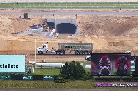 Construction continues on the renovation of Belmont Park as a dump truck owned by Roddy Valente moves through the infield Thursday June 8, 2023 in Elmont, N.Y.  Photo by Skip Dickstein