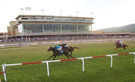 Malleymoo #3 with Trevor McCarthy won the $150,000 Penn Oaks at Penn National Racecourse in Granville, PA. on Friday June 2, 2023. Photo By Bill Denver/EQUI-PHOTO