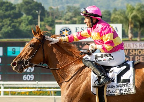 Window Shopping and jockey Hector I. Berrios win the Grade II $200,000 Summertime Oaks Saturday, June 3, 2023 at Santa Anita Park, Arcadia, CA.<br><br />
Benoit Photo