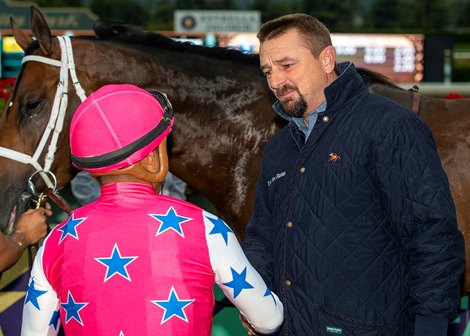 Wizard of Westwood and jockey Abel Cedillo (left) win the $100,000 Cinema Stakes Sunday, June 11, 2023 at Santa Anita Park, Arcadia, CA.  The 3-year-old colt is owned by Warren and Warren and trained by Michael McCarthy (right).<br><br />
Benoit Photo