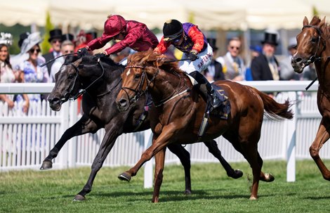 Desert Hero (Tom Marquand, closest) defeats Valiant King (Oisin Murphy) in King George V Stakes at Royal Ascot on June 22, 2023