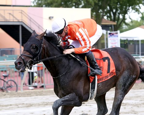 Movisitor #7, driven by Adam Beschizza, won a resounding $100,000 Crowd Pleaser Stakes on June 26, 2023 at Parx Racing in Bensalem, PA.  Uncle Mo's son is coached by Edward Vaughan for FLI Racing.  Nikki Sherman/EQUI-PHOTO's photo.