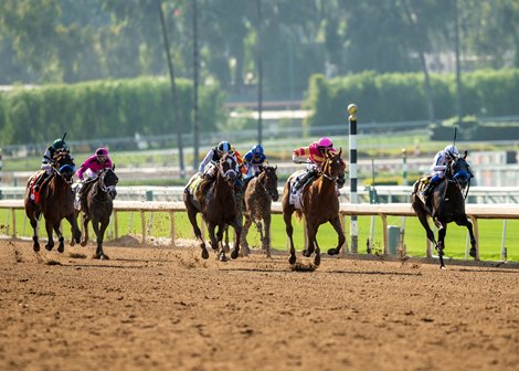 Window Shopping and jockey Hector I. Berrios, second from right, gets us a head of steam in mid-stretch and go on to win the Grade II $200,000 Summertime Oaks Saturday, June 3, 2023 at Santa Anita Park, Arcadia, CA.<br>
Benoit Photo
