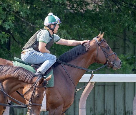 Eddie Davis sits aboard Cody’s Wish on a warm but comfortable morning at the Oklahoma Training Center July 11, 2023 in Saratoga Springs, N.Y. Photo  by Skip Dickstein