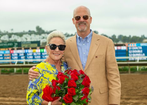 Happy owners owners Kim and Joe Peacock were on had to watch their Senor Buscador and jockey Geovanni Franco, win the Grade II $300,000 San Diego Handicap Saturday, July 29, 2023 at Del Mar Thoroughbred Club, Del Mar, CA. The 5-year-old son of Mineshaft is trained by Todd Fincher.<br>
Benoit Photo