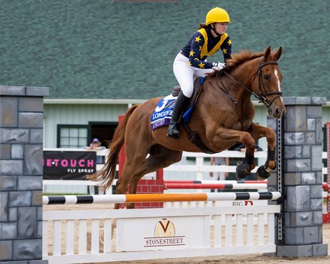 Madison Scott  on #15 United at the Real Rider Cup Thoroughbred Charity show jumping event at Mereworth Farm in Lexington, Ky. on July 8, 2023