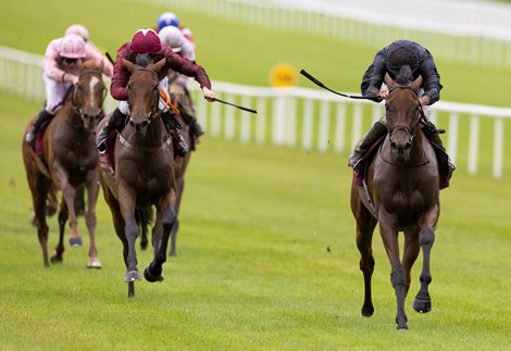 Emily Dickinson (Ryan Moore) winning the Curragh Cup Gr.2 .<br>
The Curragh.<br>
Photo: Patrick McCann/Racing Post<br>
22.07.2023
