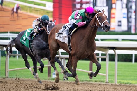 Becky’s Joker with jockey Javier Castellano aboard made her move at the stretch and left the field to win the 105th running of The Schuylerville on opening day at the Saratoga Race Course July 13, 2023 in Saratoga Springs, N.Y. Photo by Skip Dickstein