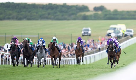 Shaquille (Rossa Ryan) wins the July Cup<br><br />
Newmarket 15.7.23 Pic: Edward Whitaker