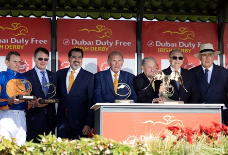 Auguste Rodin and Ryan Moore winning the Irish Derby.<br>
The Curragh.<br>
Photo: Patrick McCann/Racing Post<br>
02.07.2023