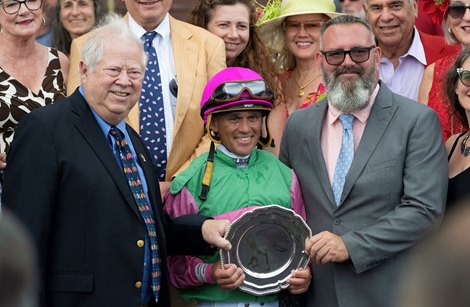 Owner of Becky’s Joker Lee Pokoik, left  in the winner’s circle with jockey Javier Castellano after winning the 105th running of The Schuylerville on opening day at the Saratoga Race Course July 13, 2023 in Saratoga Springs, N.Y. Photo   by Skip Dickstein