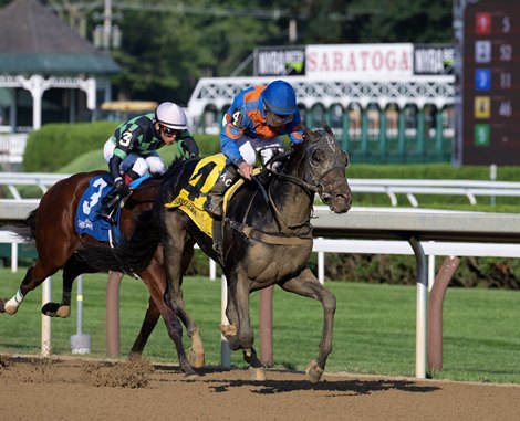 Yo Yo Candy outlasts the field to win the 108th running of The Sanford at the Saratoga Race Course Saturday July 15, 2023 in Saratoga Springs, N.Y. Photo by Skip Dickstein