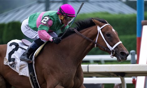 Becky’s Joker with jockey Javier Castellano aboard made her move at the stretch and left the field to win the 105th running of The Schuylerville on opening day at the Saratoga Race Course July 13, 2023 in Saratoga Springs, N.Y. Photo  by Skip Dickstein