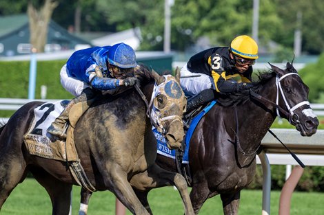 Wet Paint #2 with jockey Flavien Prat catches Sacred Wish with jockey Manuel Franco at the wire to win the 107th running of The Coaching Club American Oaks at the Saratoga Race Course Saturday July 22, 2023 in Saratoga Springs, N.Y. Photo  by Skip Dickstein