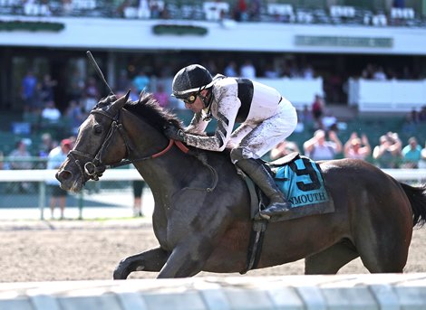 Occult #9 with Feargal Lynch riding won the $250,000 Grade III Monmouth Oaks at Monmouth Park Racetrack in Oceanport, NJ on Saturday July 29, 2023.  Photo By Bill Denver/EQUI-PHOTO