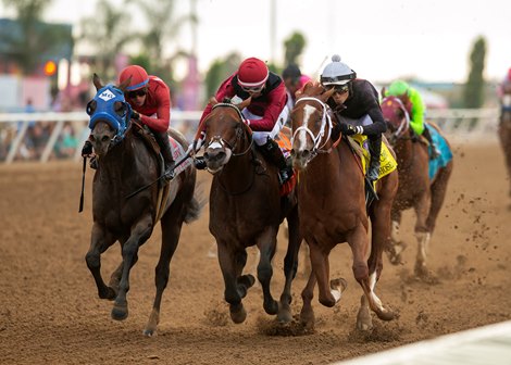 The Chosen vron and jockey Hector Berrios, , right, outleg Anarchist (Ramon Vazquez), second from left, and Dr. Schivel (Juan Hernandez), left, to win the Grade I, $400,000 Bing Crosby Stakes, Saturday, July 29, 2023 at Del Mar Thoroughbred Club, Del Mar CA.<br>
© BENOIT PHOTO