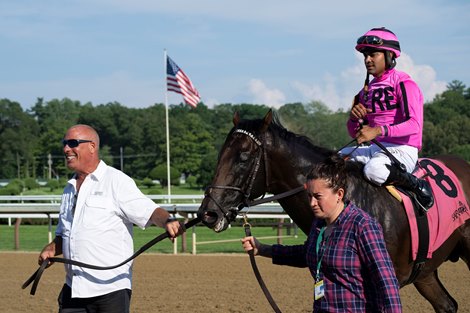 Owner Lee Einsidler, left brings Casa Creed with jockey Luis Suez to the winner’s circle after winning the 9th running of The Kelso at the Saratoga Race Course Saturday July 15, 2023 in Saratoga Springs, N.Y. Photo by Skip Dickstein