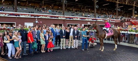 Channel Maker with jockey Manuel Franco stands in the winner’s circle after winning the 65th running of The Bowling Green at the Saratoga Race Course Sunday, July 30, 2023 in Saratoga Springs, N.Y. Photo by Skip Dickstein