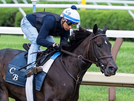 Goodnight Olive with exercise rider Walter Malasquez has a preparatory workout for a potential start in The Ballerina at the Saratoga Race Course Saturday July 15, 2023 in Saratoga Springs, N.Y. Photo by Skip Dickstein