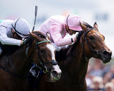 Warm Heart (James Doyle,pink) beats Free Wind (Frankie Dettori,white) in the Yorkshire Oaks<br>
York 24.8.23 Pic: Edward Whitaker