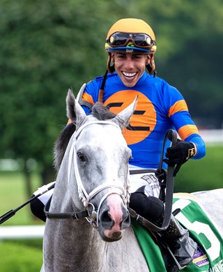 Jockey Irad Ortiz Jr. is ebullient as he sits atop White Abarrio after winning the 96th running of The Whitney Stakes at the Saratoga Race Course Saturday, Aug. 5, 2023 in Saratoga Springs, N.Y. Photo  by Skip Dickstein