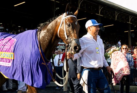 Echo Zulu with Florent Geroux wins the Ballerina (G1) at Saratoga Race Course in Saratoga Springs, N.Y., on Aug. 26, 2023.