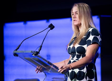 Kristin Werner speaks at the Seventy-First Annual Round Table Conference on Matters Pertaining to Racing presented by The Jockey Club at the Saratoga City Center Thursday, Aug. 3, 2023 in Saratoga Springs, N.Y. The Jockey Club Photo