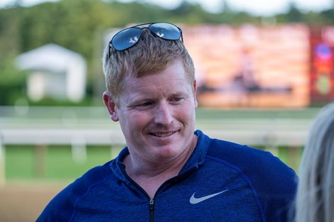 Trainer Adam Rice is all smiles after which was won by #3 Closethegame Sugar ridden by Jose Lezcano won the 5th running of The Mahony Stake at the Saratoga Race Course Sunday, Aug. 13, 2023 in Saratoga Springs, N.Y. Photo  by Skip Dickstein