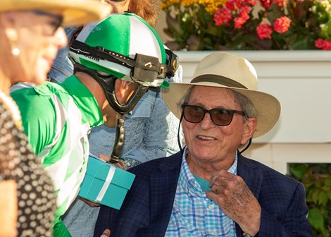 Owner John Harris, right, celebrates with jockey Umberto Rispoli, left, after Closing Remarks' victory in the Grade II, $250,000 Yellow Ribbon Handicap, Saturday, August 12, 2023 at Del Mar Thoroughbred Club, Del Mar CA,<br>
© BENOIT PHOTO